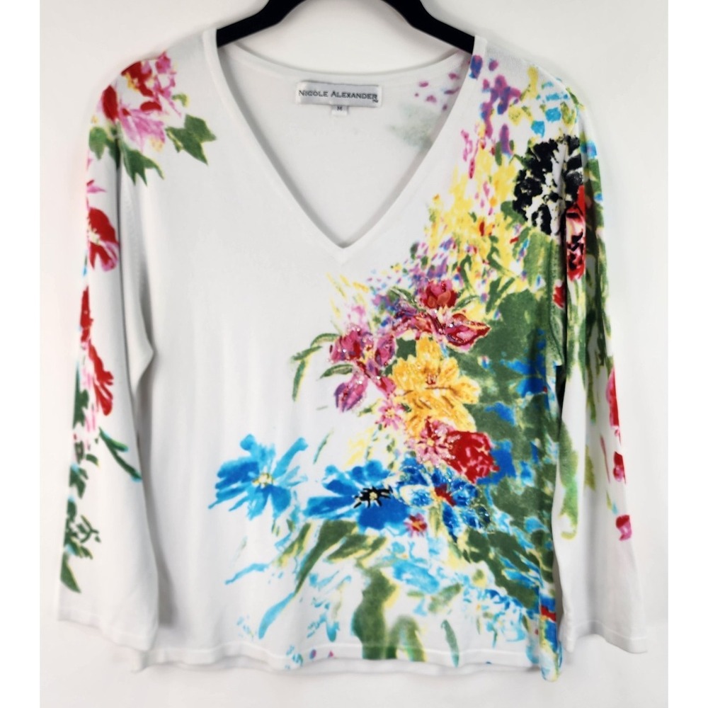 Nicole Alexander V-Neck Top Women's M White Floral Embellished Grandmillennial
